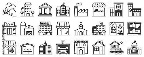 Fotografiet Line icons about buildings on transparent background with editable stroke