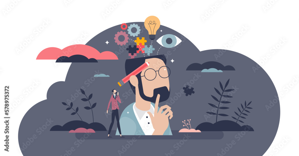 Inner mental intelligence with logic idea thinking tiny person concept, transparent background. Open minded male with skill and ability to think innovative thoughts illustration. - obrazy, fototapety, plakaty 