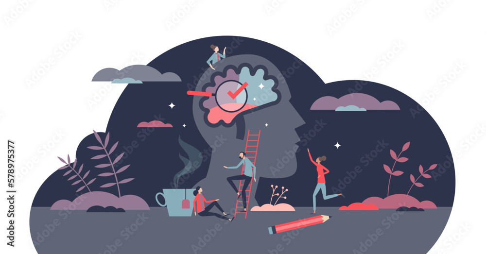 Inner mental intelligence with thinking process teamwork tiny person concept, transparent background. Psychological cognition and memory skills research illustration. - obrazy, fototapety, plakaty 