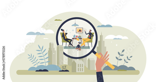 Human environmental science for social interaction study tiny person concept, transparent background. Individuals and families mutual connection.