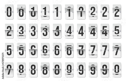 Flip clock number set. Board with numeral dial, old outdated mechanical countdown scoreboard with numeric counter animation. Vector collection