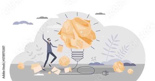 Inspiration or creative solution idea as crumpled paper light bulb tiny person concept, transparent background.Successful innovation after many draft sketches illustration.