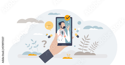 Professional doctor service with distant assistance tiny person concept, transparent background. Phone app or video call to medical specialist for distance help and patient diagnostics illustration.