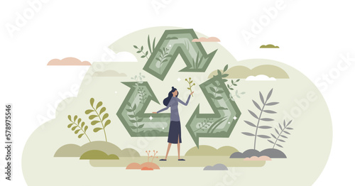 Recycle green arrow symbol as responsible nature resources reusing cycle tiny person concept, transparent background.
