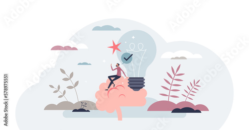Reflect on idea, think over and consider solution again tiny person concept, transparent background. Creative problem achievement with mind doubt and ambiguity illustration.