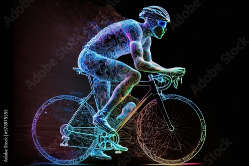 A futuristic young male road cyclist hologram playing with a soccer ball. Generative ai 