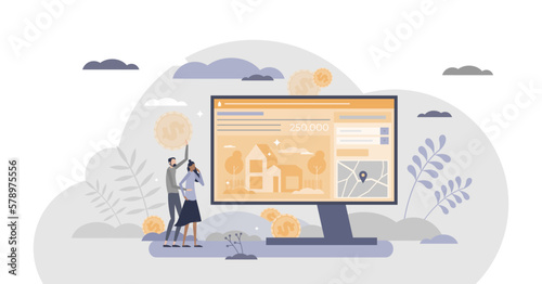 Researching real estate online to buy new house from website options tiny person concept, transparent background. Residential property digital presentation brochure with description.