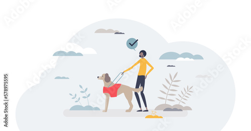 Service dog and animal assistance for disabled owners tiny person concept, transparent background. Blind person guidance by professional trained pet illustration. Labrador retriever special support.
