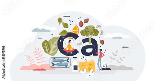 Calcium minerals and healthy eating diet for strong bones and teeth tiny person concept, transparent background. Products list with rich in Ca micro elements illustration.
