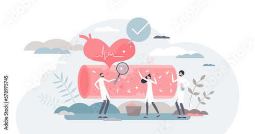 Cholesterol health awareness with fat level in vein blood checkup tiny person concept, transparent background. Cardiology measurement and diagnosis.