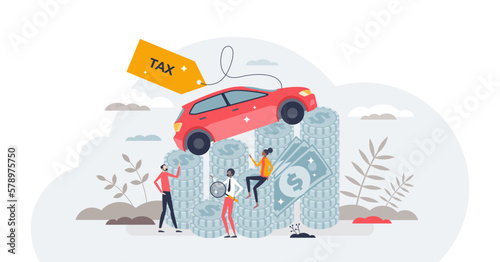 Cars tax as financial annual payment for road taxation tiny person concept, transparent background.High expenses for vehicle ownership and usage illustration.
