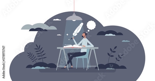Creative writing process and author typing content scene tiny person concept, transparent background. Copywriter work project with literature book or new publication message creation illustration.