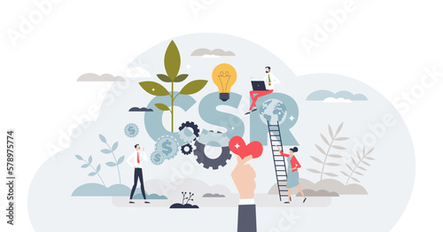 CSR or corporate social responsibility for sustainable business tiny person concept, transparent background. Company policy with fair and honest resources usage.