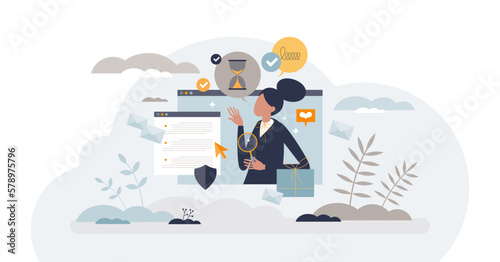 Digital business woman with female online presentation tiny person concept, transparent background. Business specialist with modern corporate style work illustration.
