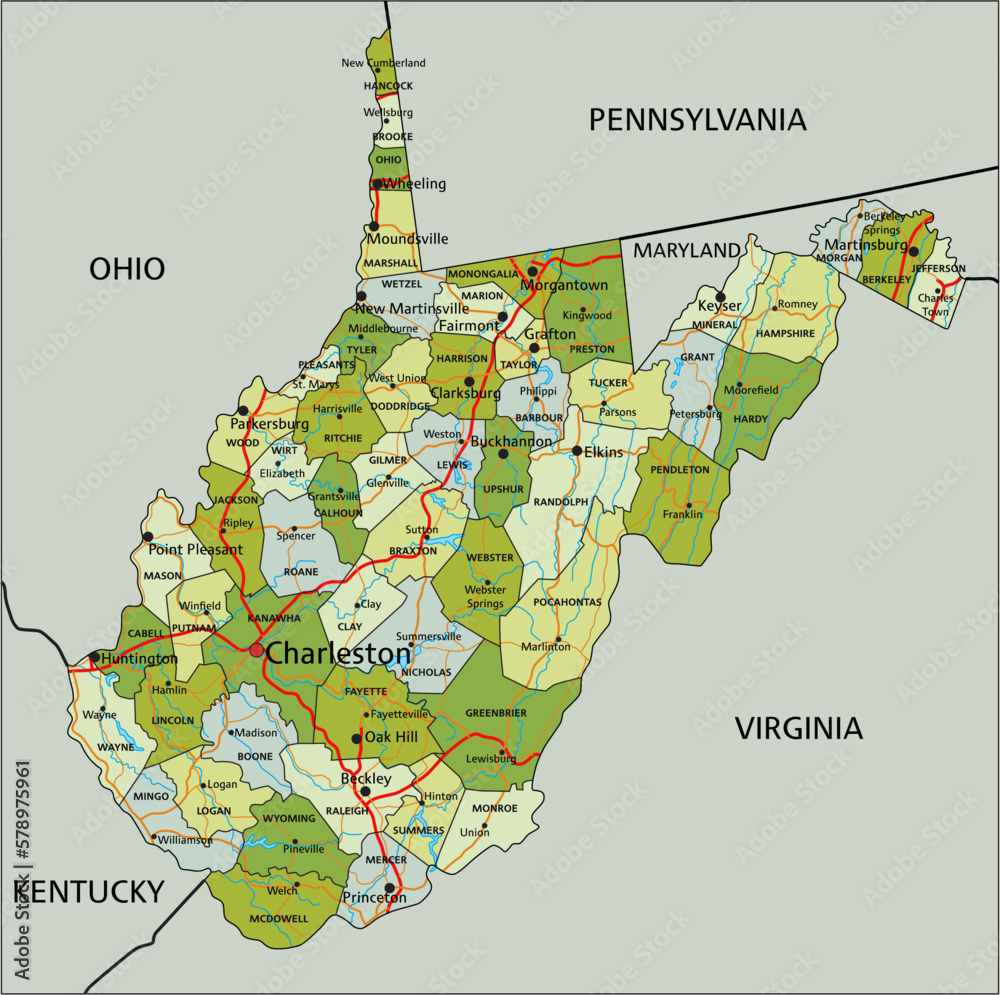 Highly detailed editable political map with separated layers. West