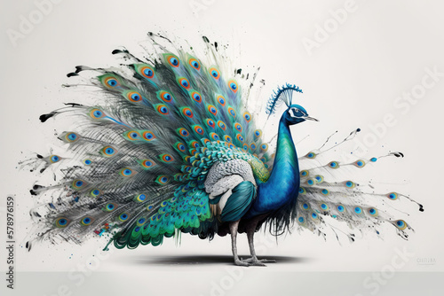 colorful peacock with feathers spread out, generative AI