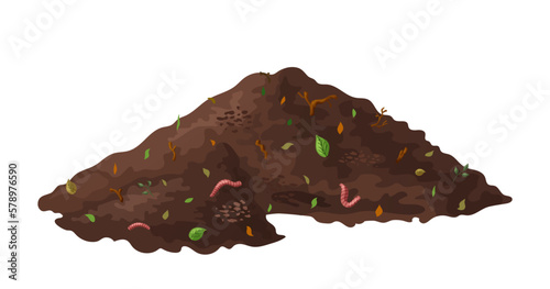 Organic soil heap for compost, garden recycling natural garbage. Earth worms and biodegradable trash. Vector illustration