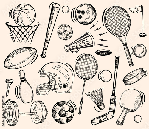 Balls seamless pattern. hand drawn doodle.sports equipment, game, football, basketball, volleyball, baseball, bowling, tennis, rugby.