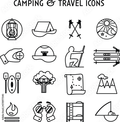 set of 16 black and white vector camping and travel icons