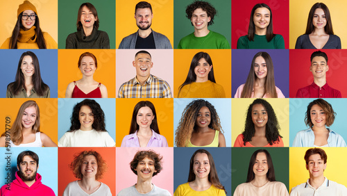 Positive emotions. Collage of ethnically diverse people, men and women expressing different emotions over multicolored background. Team, job fair, ad concept