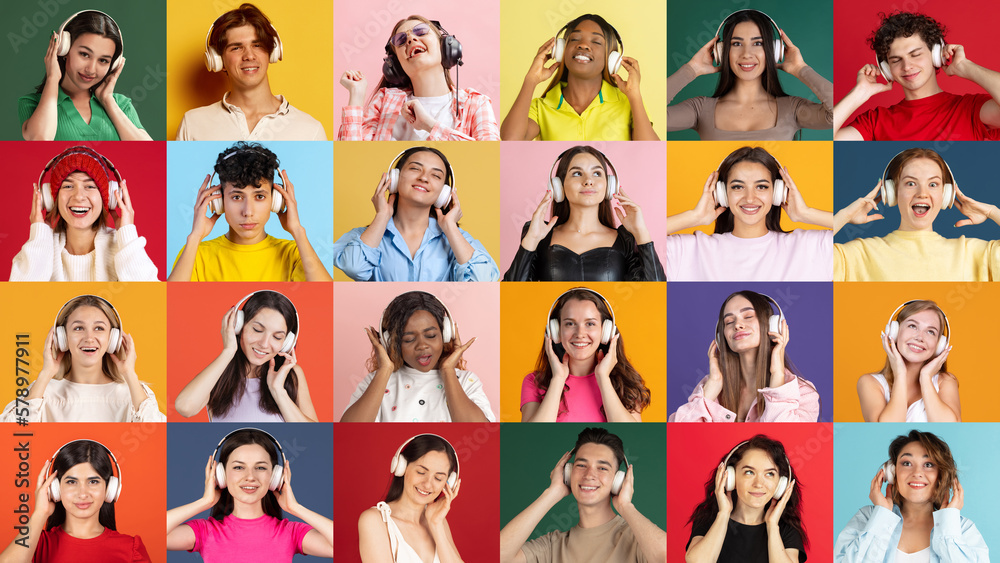 Music vibes. Collage of ethnically diverse people, men and women expressing different emotions and listening to music over multicolored background. Music vibes. Collage of ethnically diverse people, men and women expressing different emotions and listening to music over multicolored background.