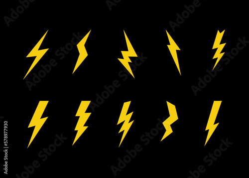 Set of Lightning flat icons. Thunderbolts icons isolated on black background. Vector illustration  