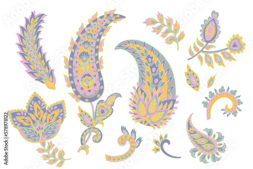 Vector set of isolated elements paisley, flowers and leaf for you own design