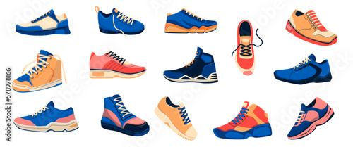 Mens sneakers. Fashion male comfortable footwear, pair of athletic shoes and fitness footgear, trendy casual sportswear flat style. Vector cartoon set