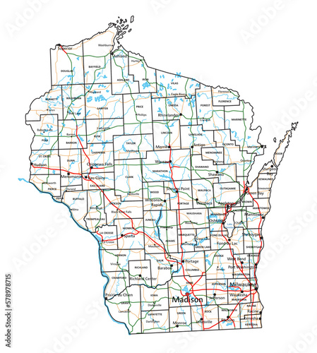 Wisconsin road and highway map. Vector illustration.