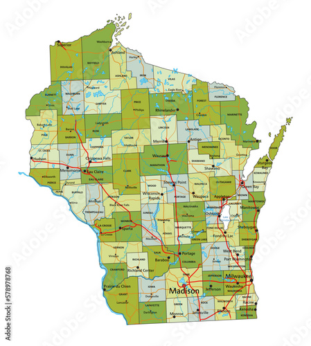 Highly detailed editable political map with separated layers. Wisconsin.