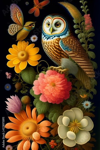 owl and flowers  generative ai