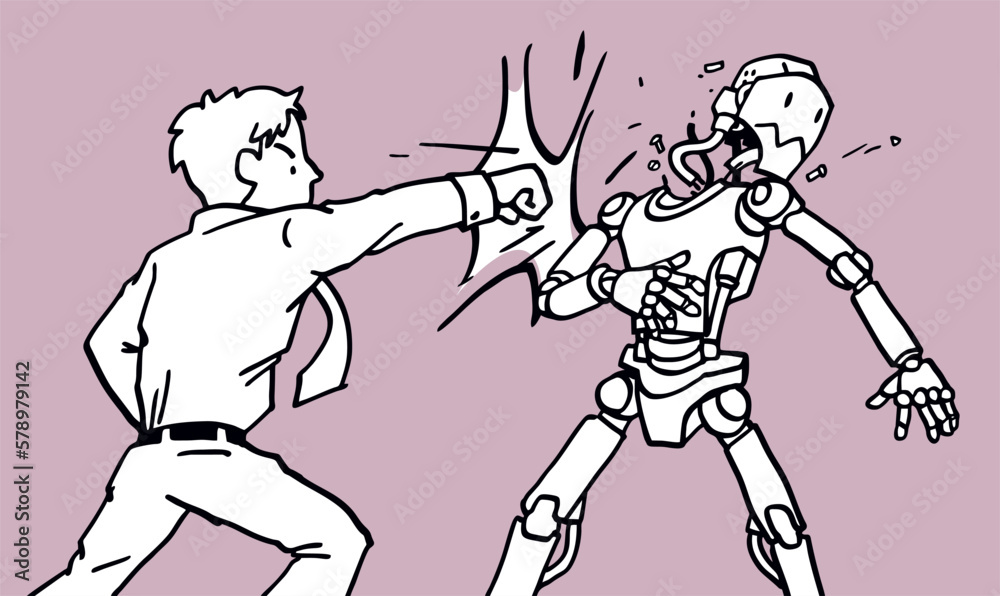 Humans fight with AI. Artificial Intelligence robot, hand-drawn sketch-style vector Humans fight with AI. Artificial Intelligence robot, hand-drawn sketch-style vector