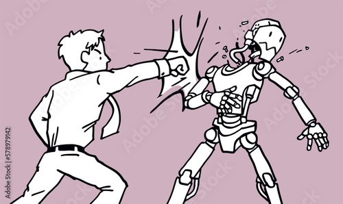 Humans fight with AI. Artificial Intelligence robot, hand-drawn sketch-style vector