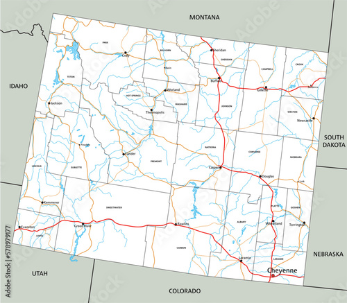 High detailed Wyoming road map with labeling.