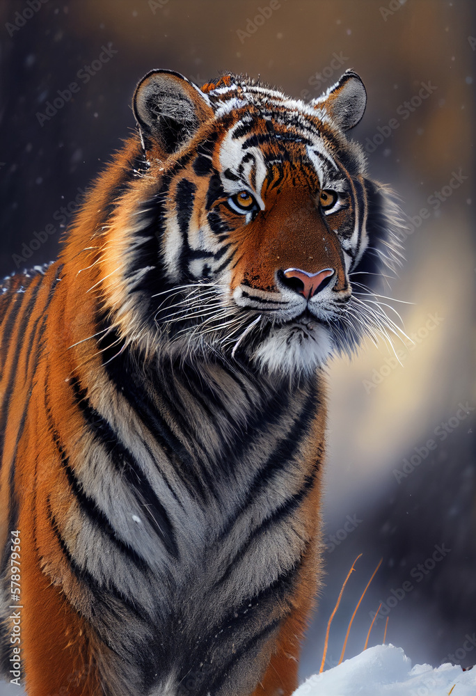 Portrait of a tiger in the background of a snowy landscape. AI generated