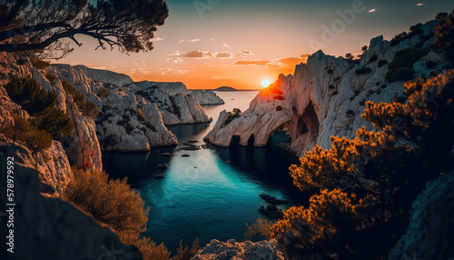 Beautiful spring scenery. Colorful morning scene. Fantastic sunrise. Picturesque seascape of Mediterranean sea. Digital ai artwork	 photo