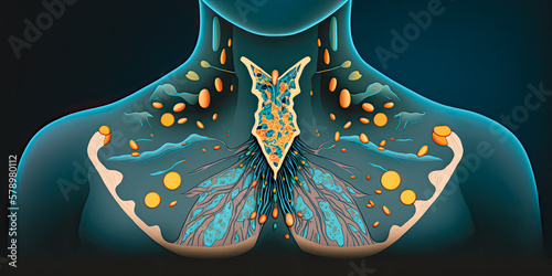 View of the thyroid gland, a small but important gland in the neck that produces hormones that regulate metabolism. The image is high resolution and shows excellent detail- Generative AI photo