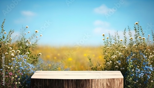 Wooden empty table surface closeup on background of meadow flowers and leaves and summer blue sky background with empty space for product placement