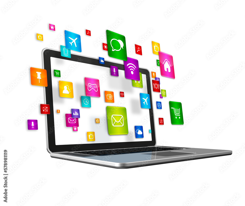 Laptop Computer and flying apps icons on a white background
