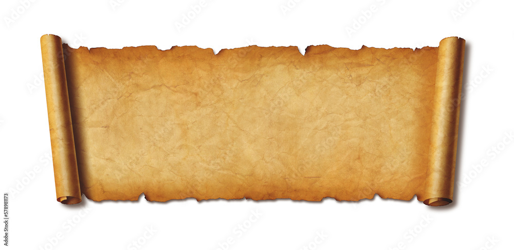 Old paper horizontal banner. Parchment scroll isolated on white with shadow