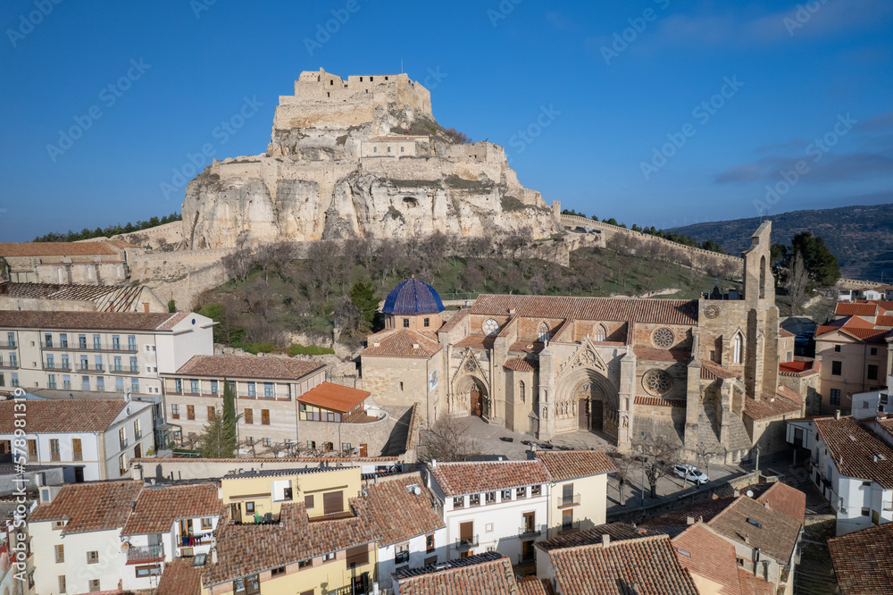 High-angle view of the Aarchpriestal Basilica Santa Maria La Mayor and medieval Castle in Morella, Spain