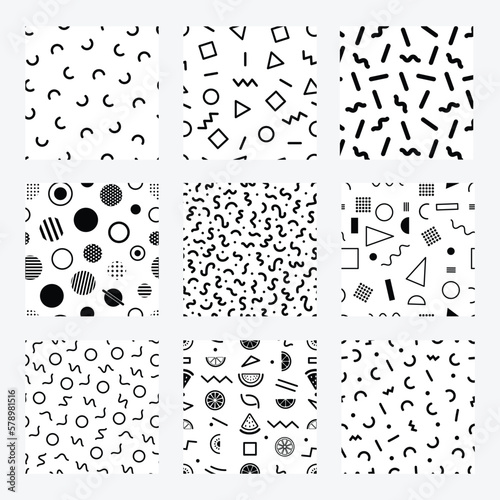 Memphis pattern collection. Swatches seamless repeat pattern. Black geometric shapes on a white background