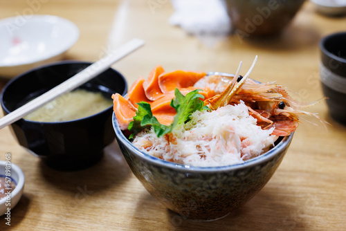 Kaisen-don, bowl of rice topped with sashimi.