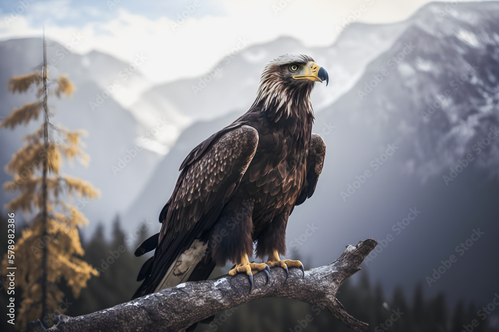 Fototapeta premium Majestic Eagle: Symbol of Freedom and Strength in a Scenic Mountain Landscape with Clear Blue Sky and White Clouds, Generative AI