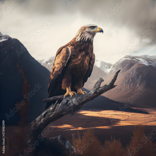 Majestic Eagle: Symbol of Freedom and Strength in a Scenic Mountain Landscape with Clear Blue Sky and White Clouds, Generative AI