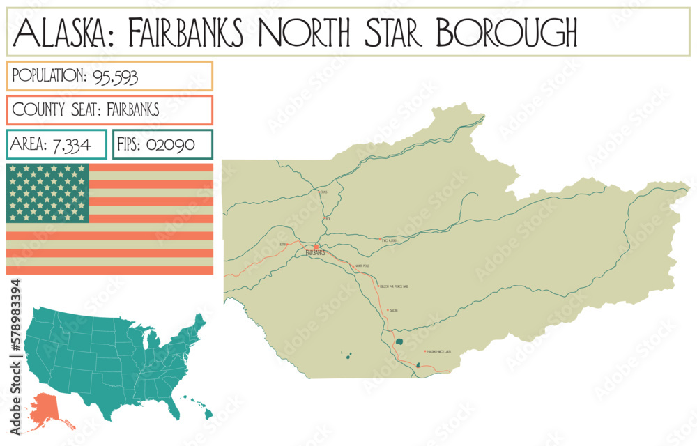 Obraz premium Large and detailed map of Fairbanks North Star Borough in Alaska, USA.