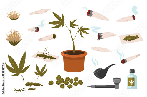 Weed cigarette. Cannabis rolled shoals, cartoon marijuana joint smoking herb drug, narcotic addiction or alternative medicine concept. Vector set