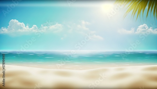 Ocean seaside empty beach sand closeup up with blurred blue sky and azure waves with palm tree leaves background with empty space for product placement