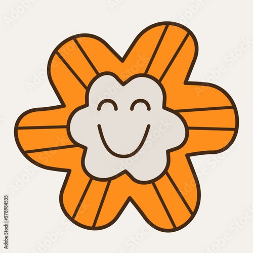 Cartoon mascot, rounded shapes. Cute icon, six petals flower happy. Colorful shape, funny sticker, vector character. Isolated on white.