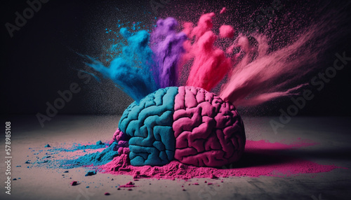 Artistic illustration of a human brain exploding with fantasy dust with knowledge and creativity. AI Generative.